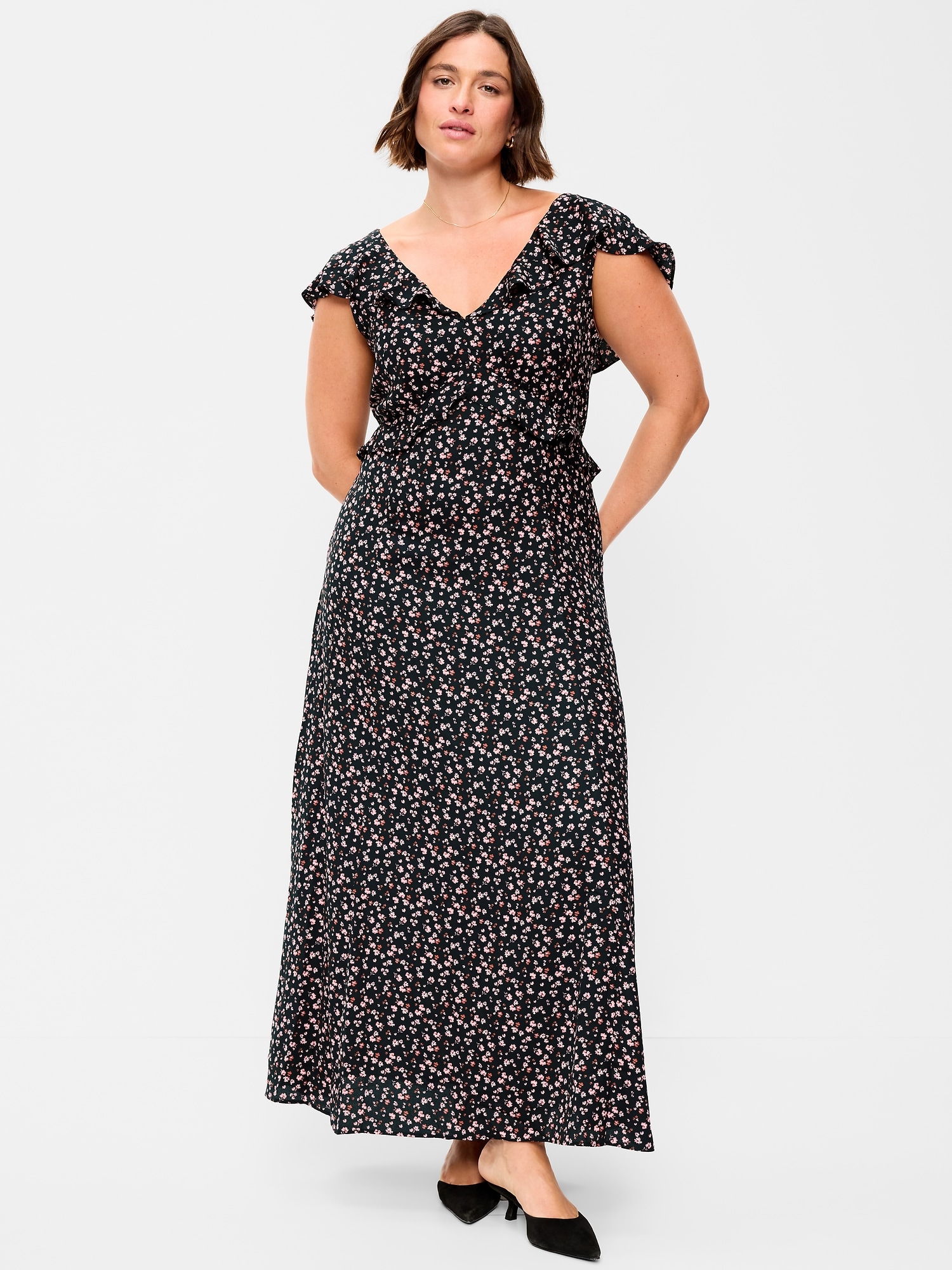 Flutter-Sleeve Crepe Maxi Dress