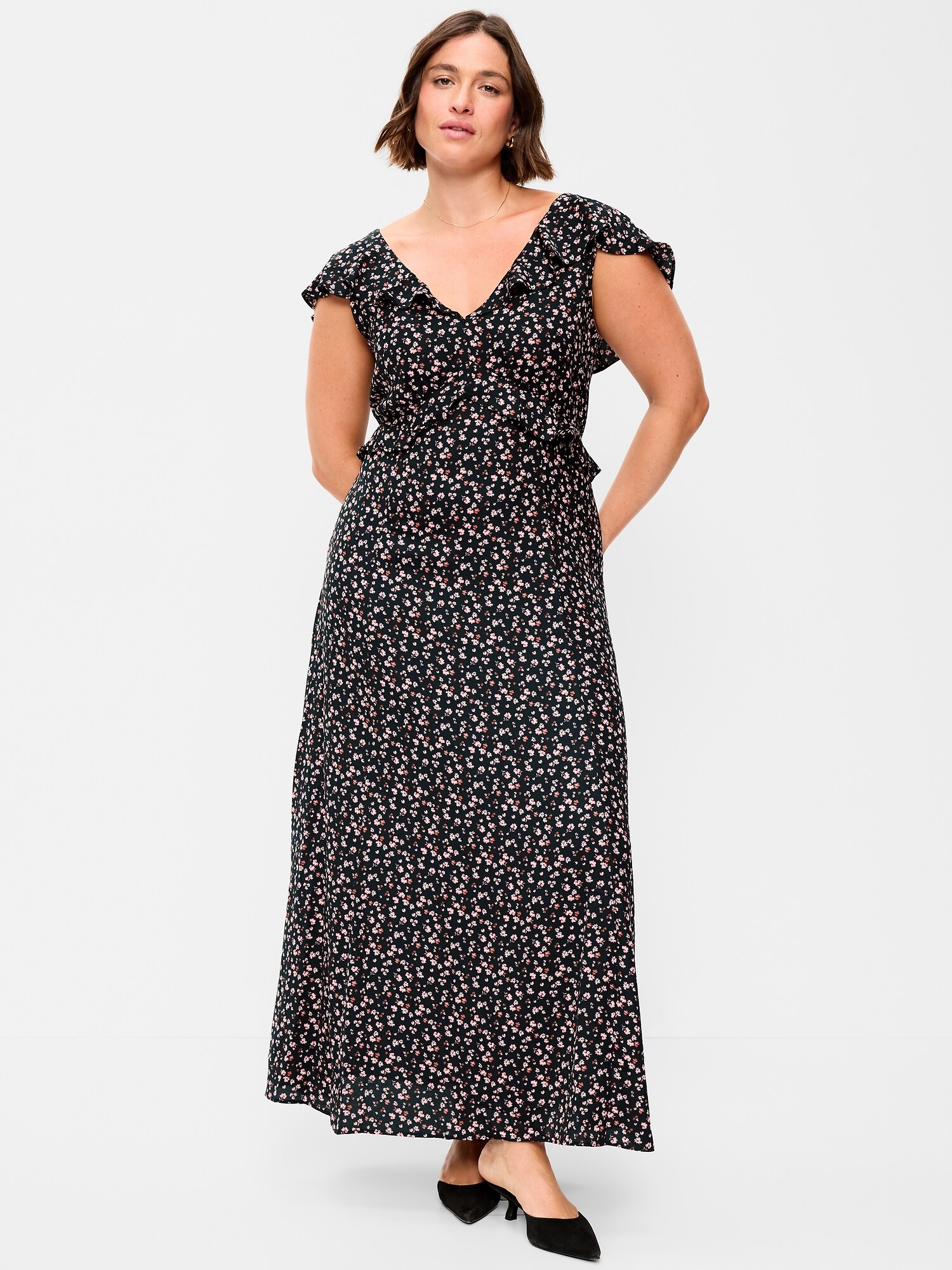 Женское платье Old Navy Flutter-Sleeve Crepe Maxi, цвет: Чёрный с принтом — фото 6