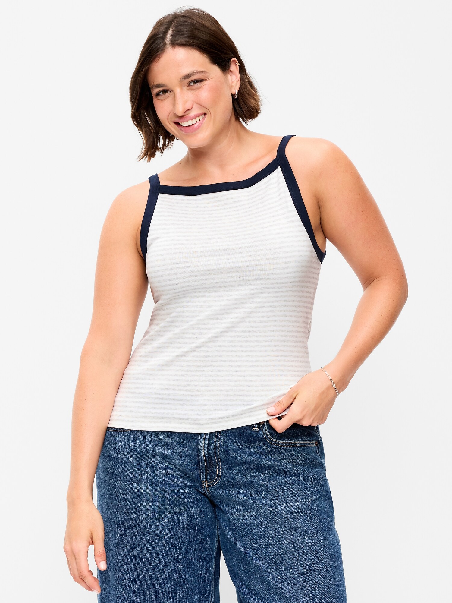 Женский топ Old Navy Snug Apron-Neck Tank Top, цвет: Меланжевый серый полосатый — фото 4