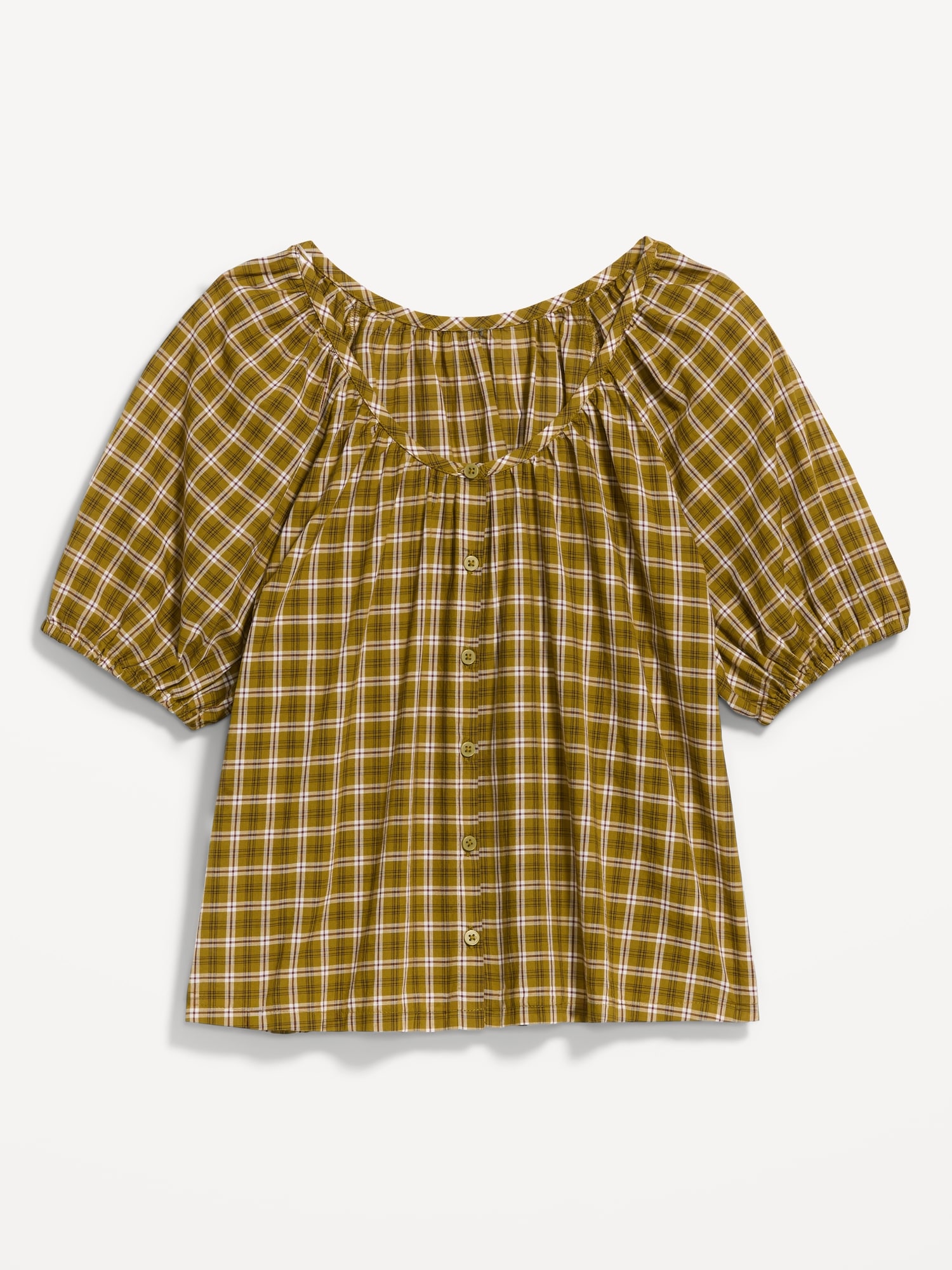 Short-Sleeve Button-Front Plaid Top