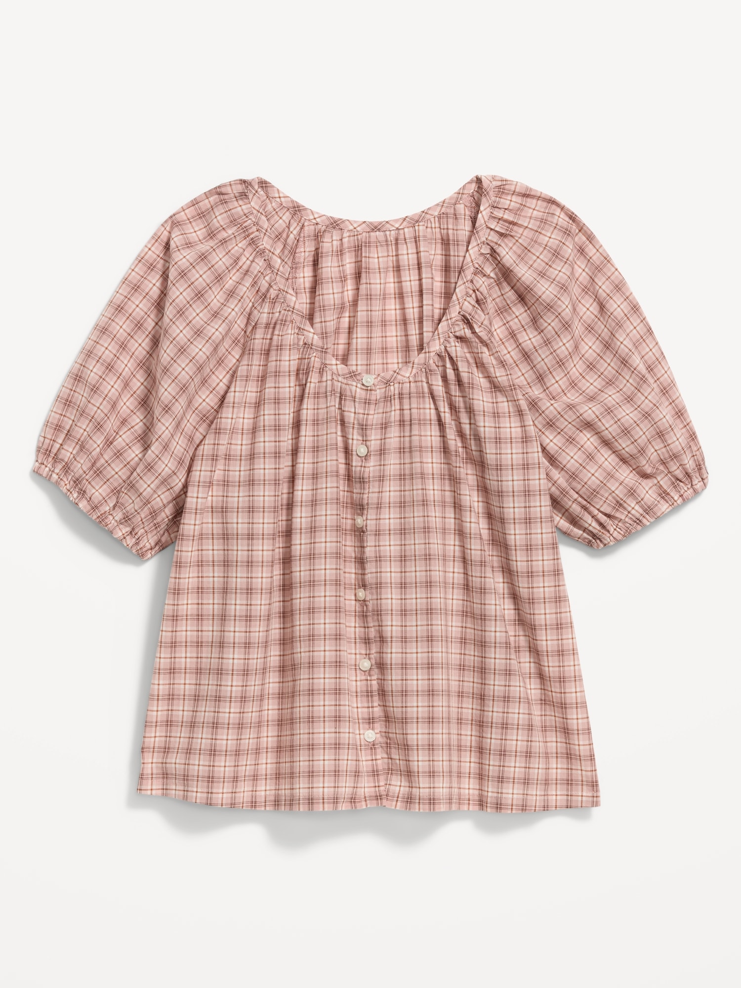Short-Sleeve Button-Front Plaid Top