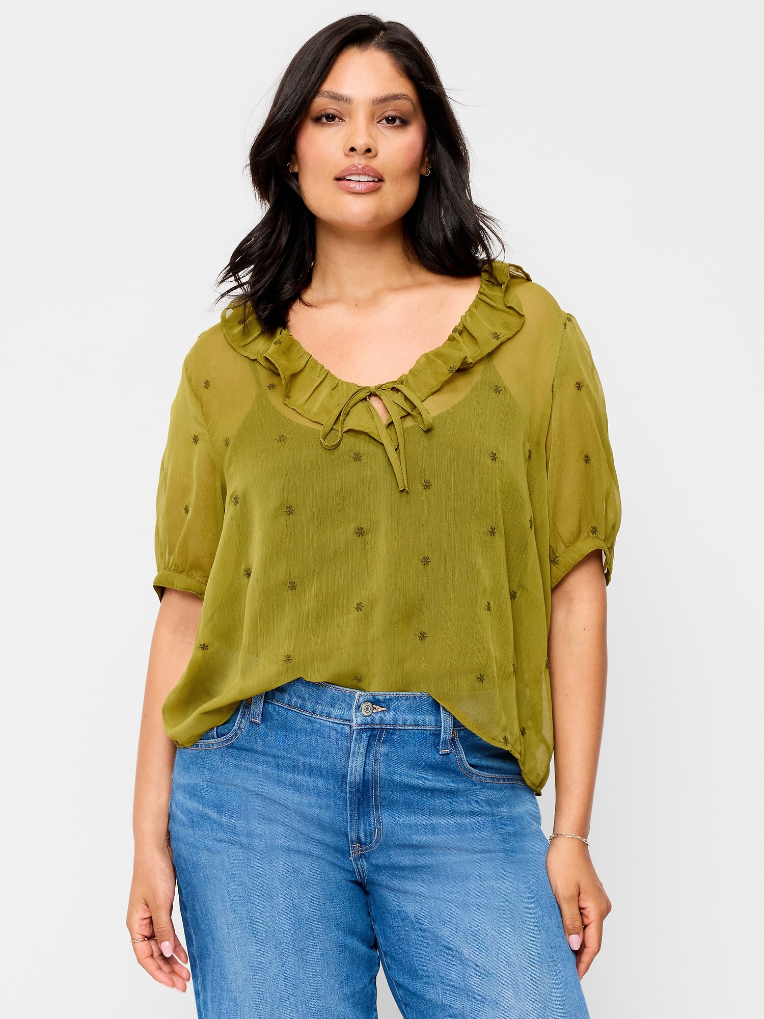 Short-Sleeve Embroidered Chiffon Top