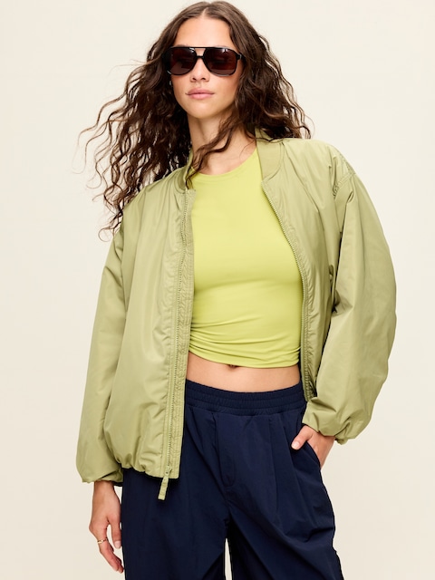 Water-Resistant Oversized Bubble-Hem Zip Bomber Jacket
