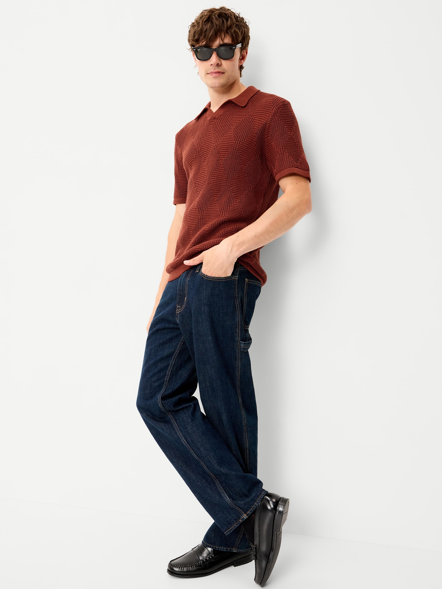 Mixed-Stitch Polo Sweater