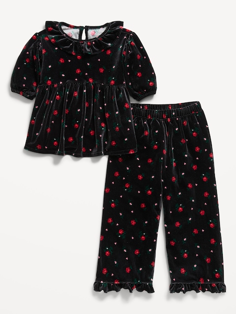 Printed Velvet Puff-Sleeve Top and Pants Set for Toddler Girls