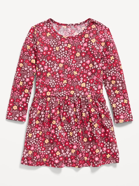 Printed Long-Sleeve Ribbed Dress for Toddler Girls