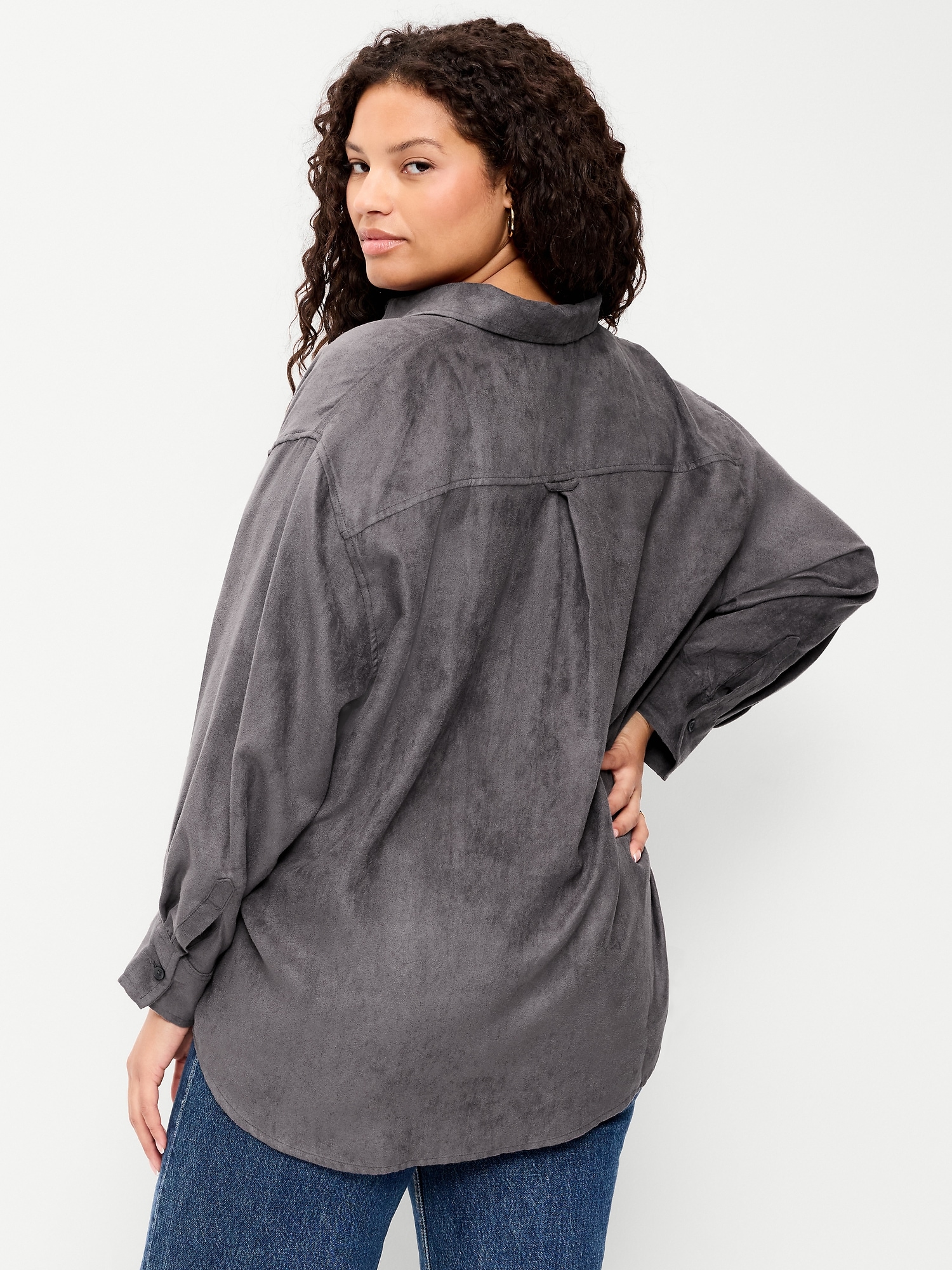 Oversized Faux-Suede Button-Down Boyfriend Shirt
