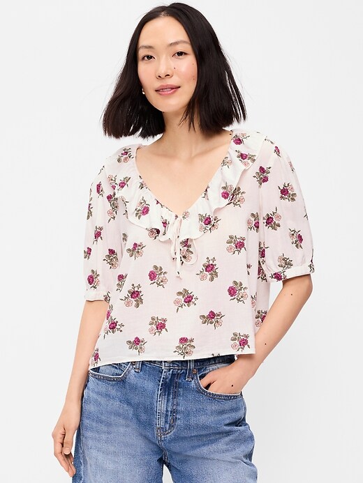 Image number 1 showing, Ruffle Collar Tie-Front Top