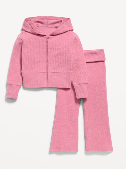 Cozy Ribbed Hoodie and Flared Pants Set for Toddler Girls