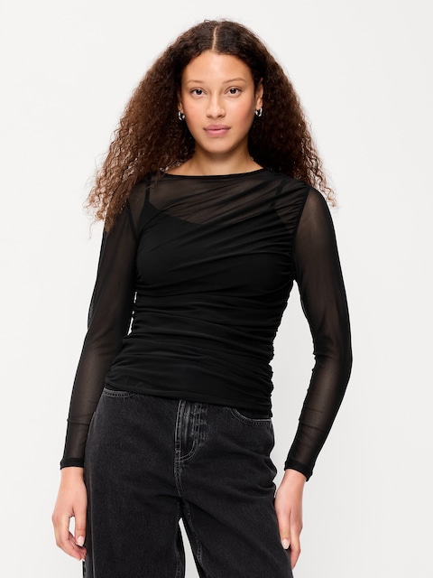 Long-Sleeve Draped Mesh Top