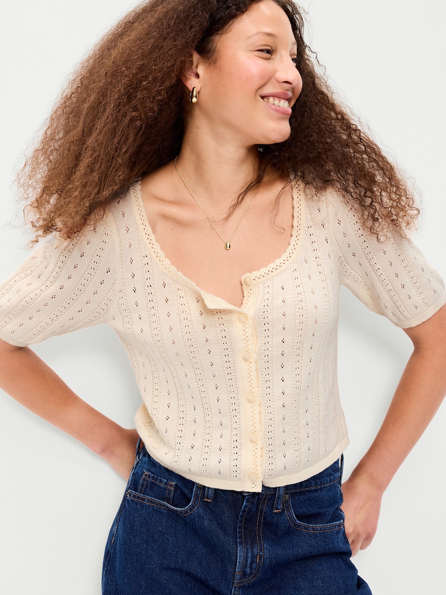 Женский свитер Old Navy Seaside Cotton Short-Sleeve Button-Down, цвет: Creme De La Creme — фото 3