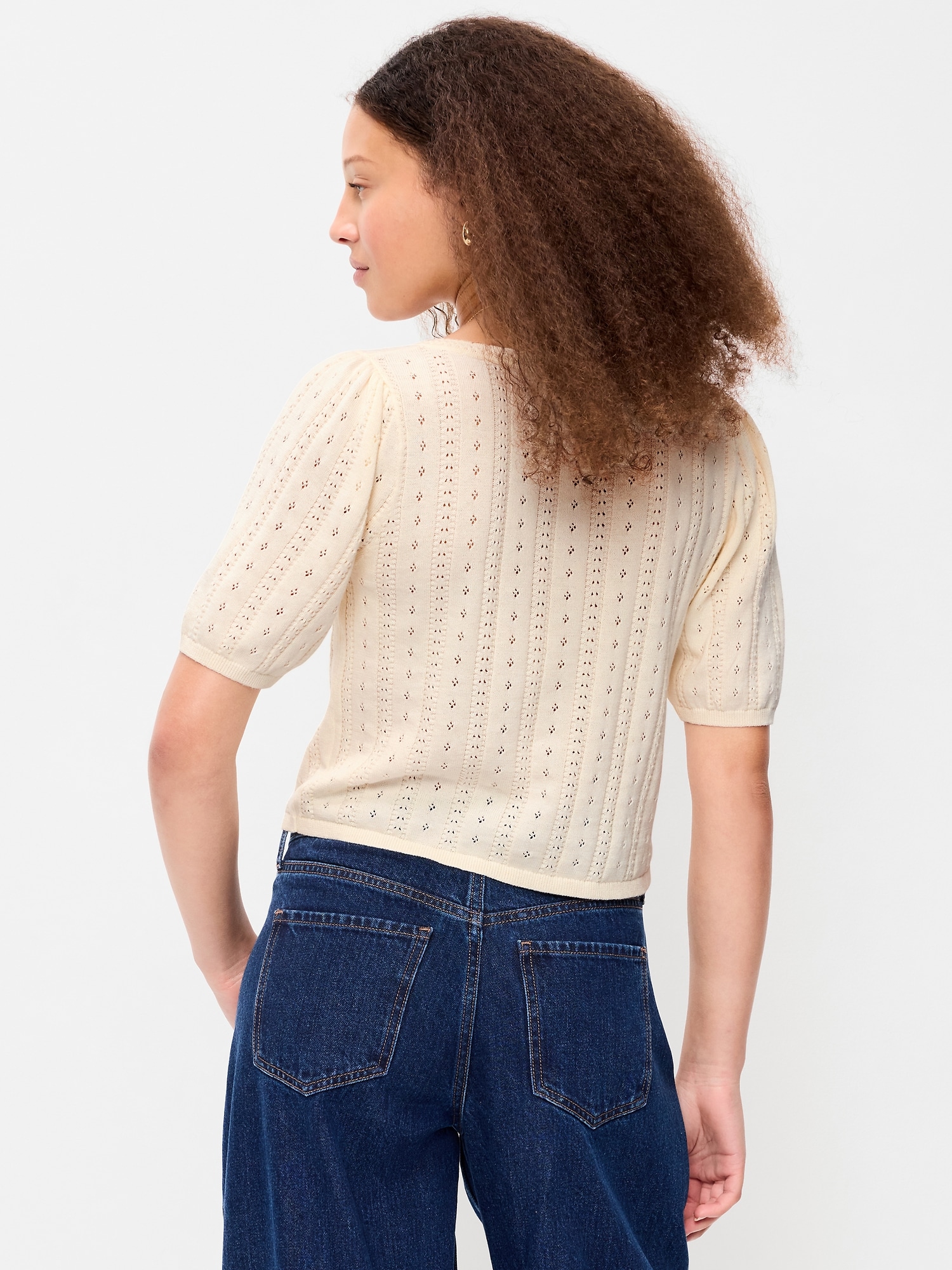 Seaside Cotton Short-Sleeve Button-Down Sweater