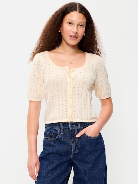 Seaside Cotton Short-Sleeve Button-Down Sweater