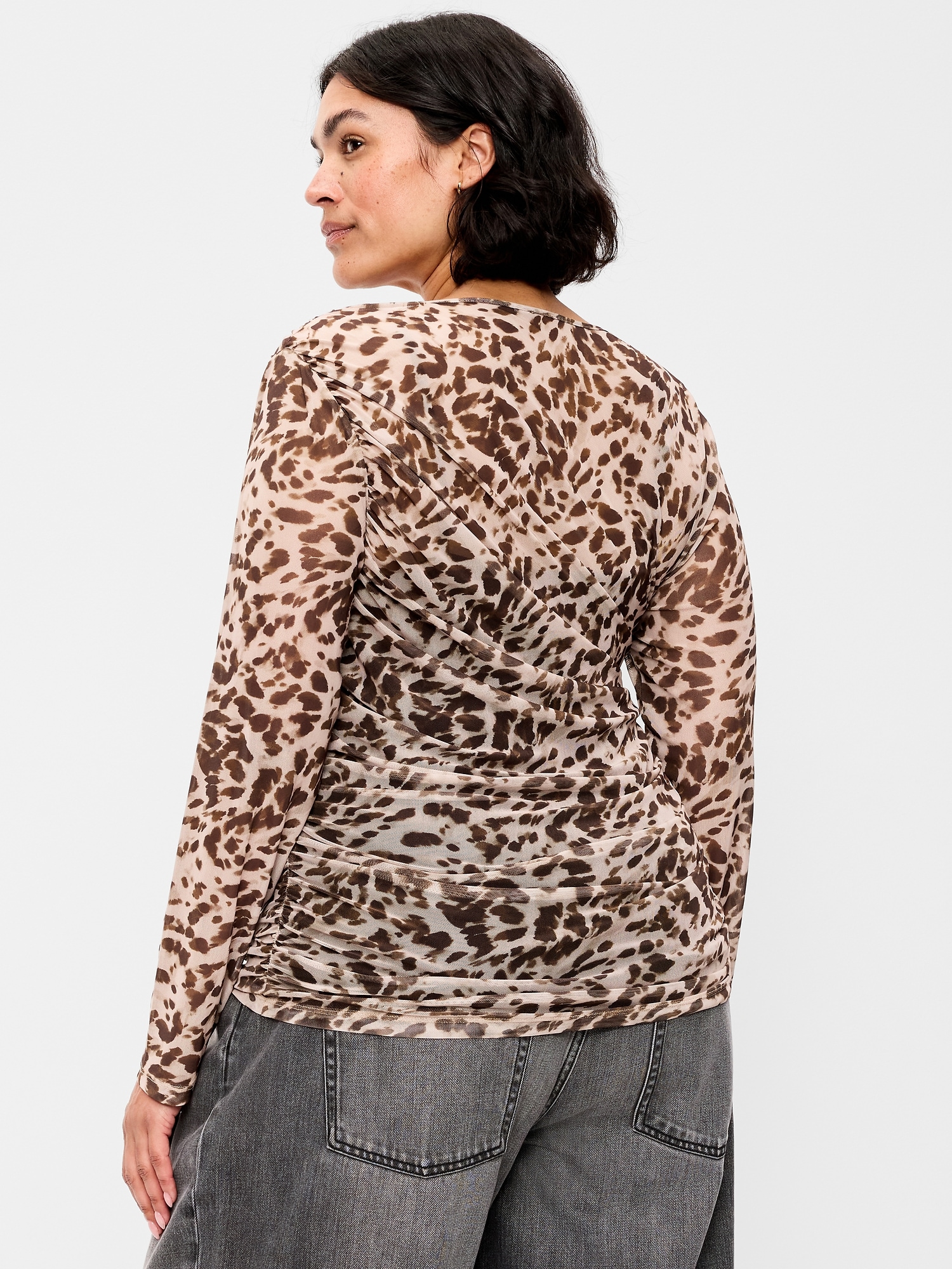Long-Sleeve Asymmetrical Unlined Mesh Top
