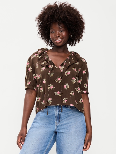 Ruffle Collar Tie-Front Top