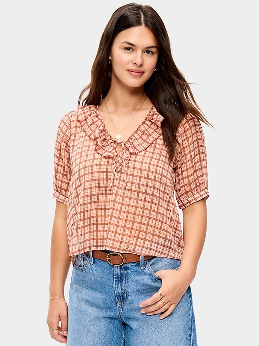 Image number 1 showing, Ruffle Collar Tie-Front Chiffon Top