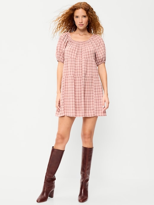Image number 1 showing, Puff-Sleeve Smocked Mini Swing Dress