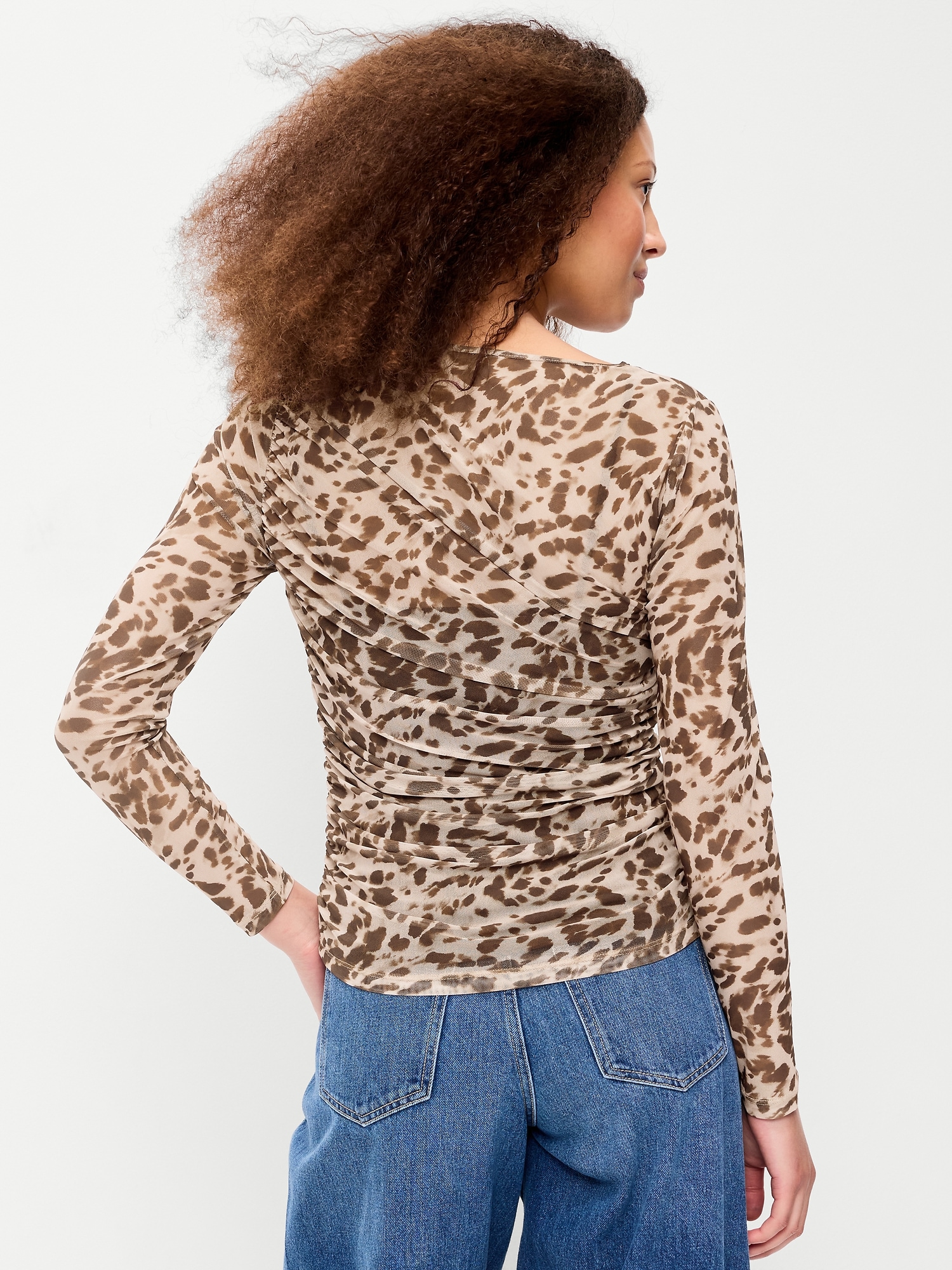 Long-Sleeve Asymmetrical Unlined Mesh Top