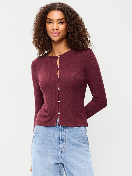 Image number 1 showing, Long-Sleeve Button-Front Pointelle Top