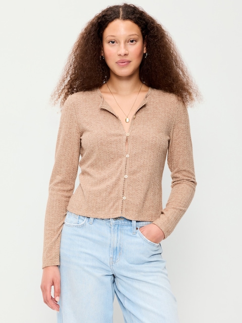 Long-Sleeve Button-Front Pointelle Top