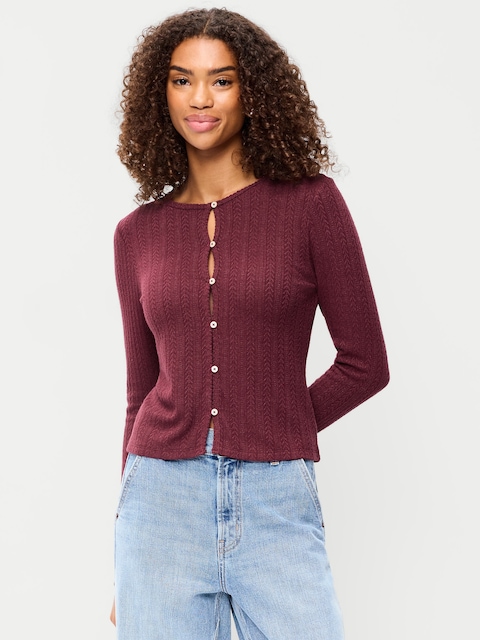 Long-Sleeve Button-Front Pointelle Top