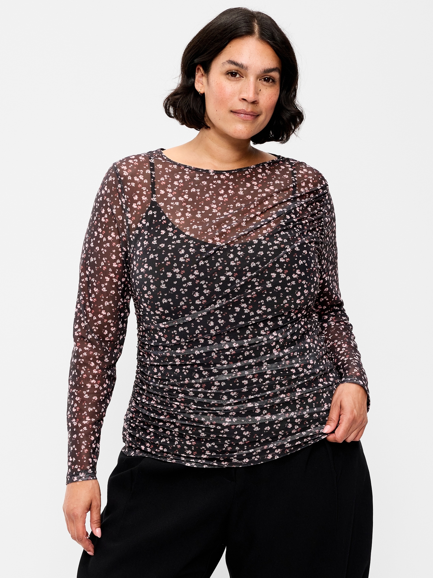 Long-Sleeve Asymmetrical Unlined Mesh Top