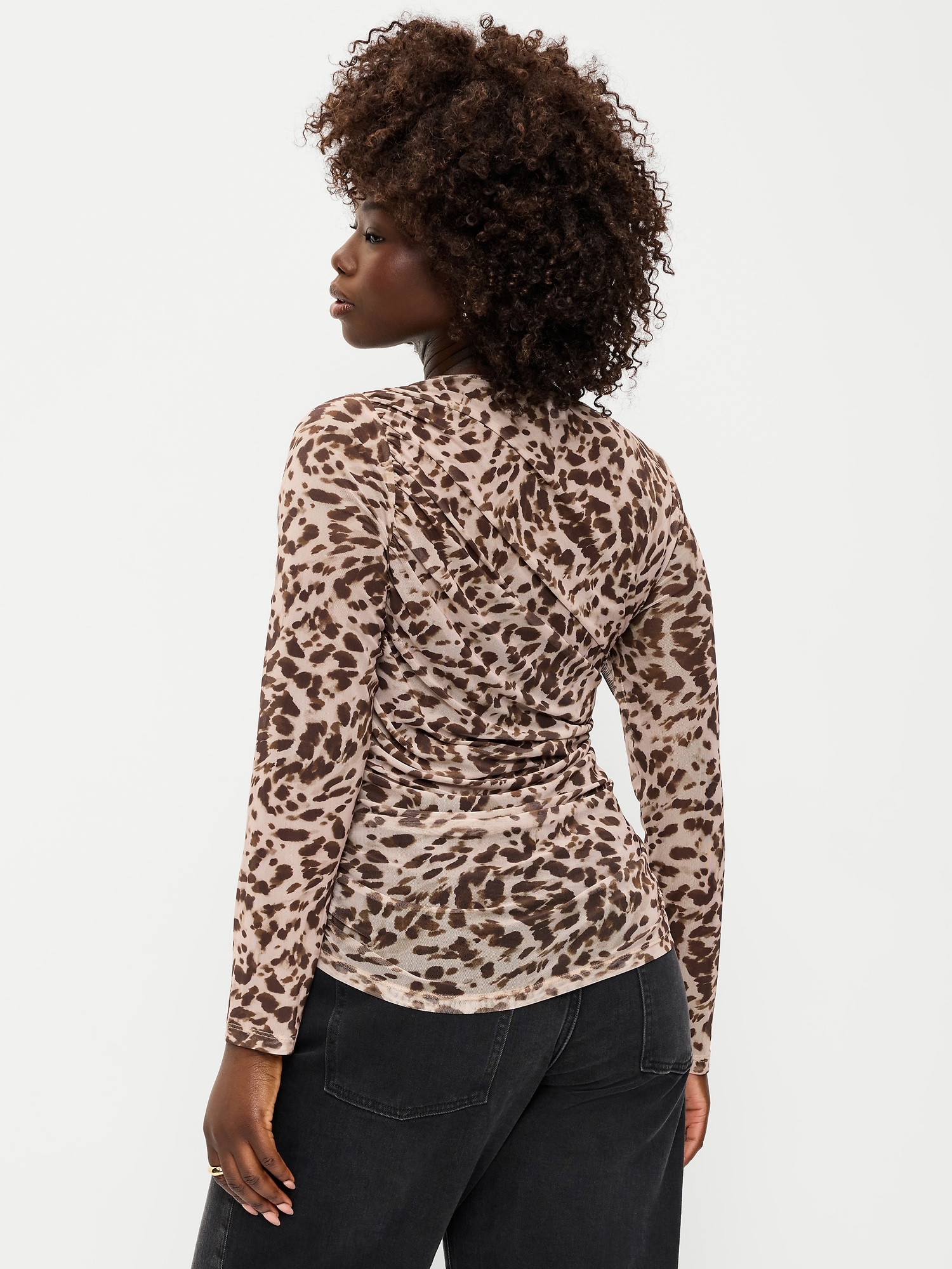 Long-Sleeve Asymmetrical Unlined Mesh Top