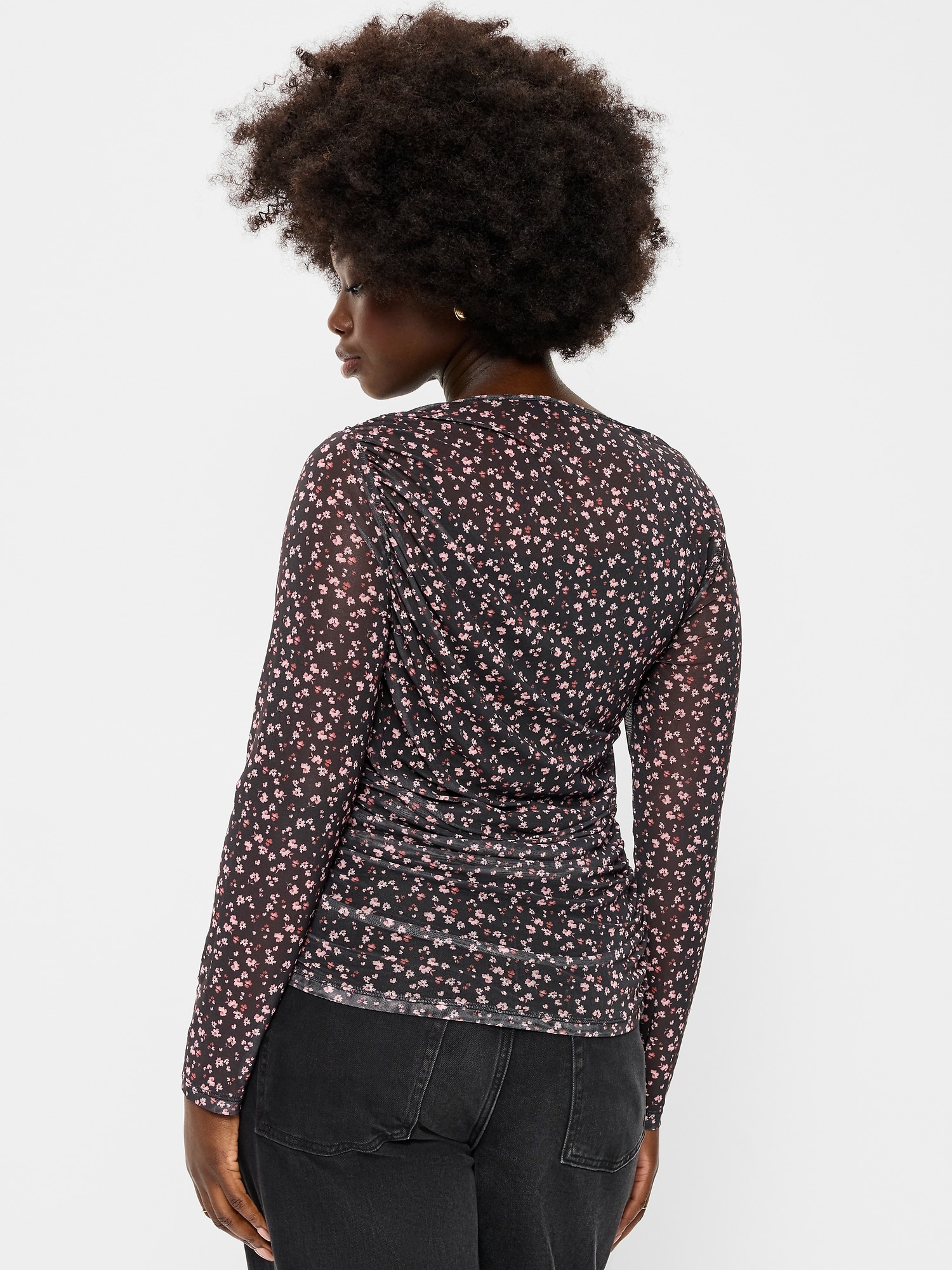 Long-Sleeve Asymmetrical Unlined Mesh Top