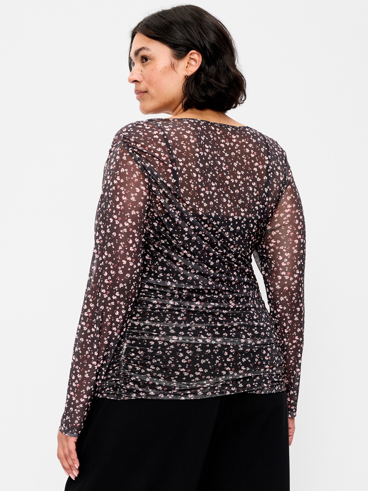 Long-Sleeve Asymmetrical Unlined Mesh Top