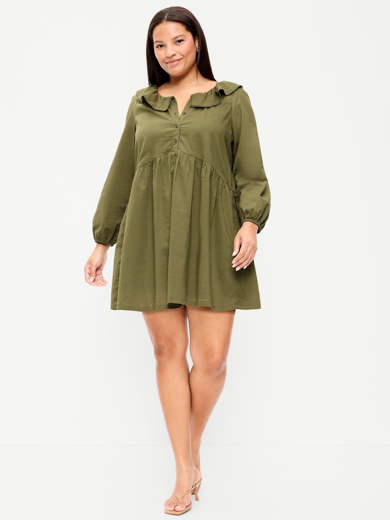 Long-Sleeve Ruffle-Collar Swing Mini Dress