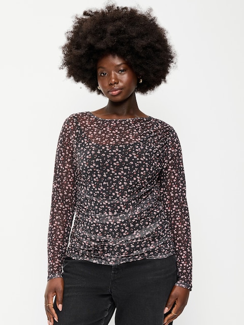 Long-Sleeve Draped Mesh Top - Multi