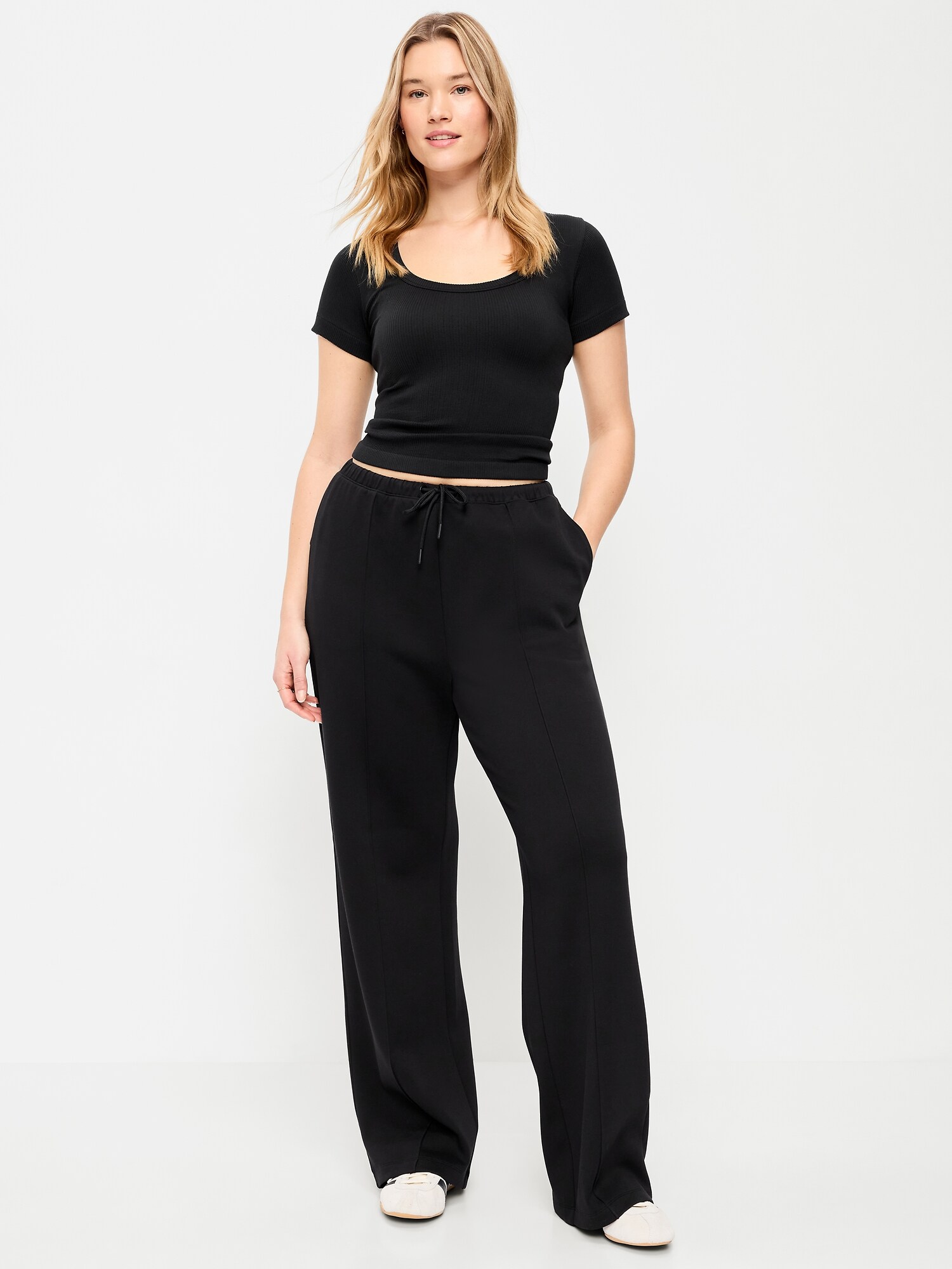 Женские брюки Old Navy Mid-Rise Dynamic Fleece Textured Wide-Leg Sweatpants, цвет: Чёрный — фото 5