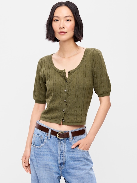 Seaside Cotton Short-Sleeve Button-Down Sweater