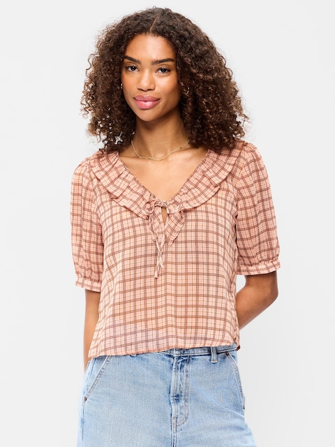Ruffle Collar Tie-Front Chiffon Top
