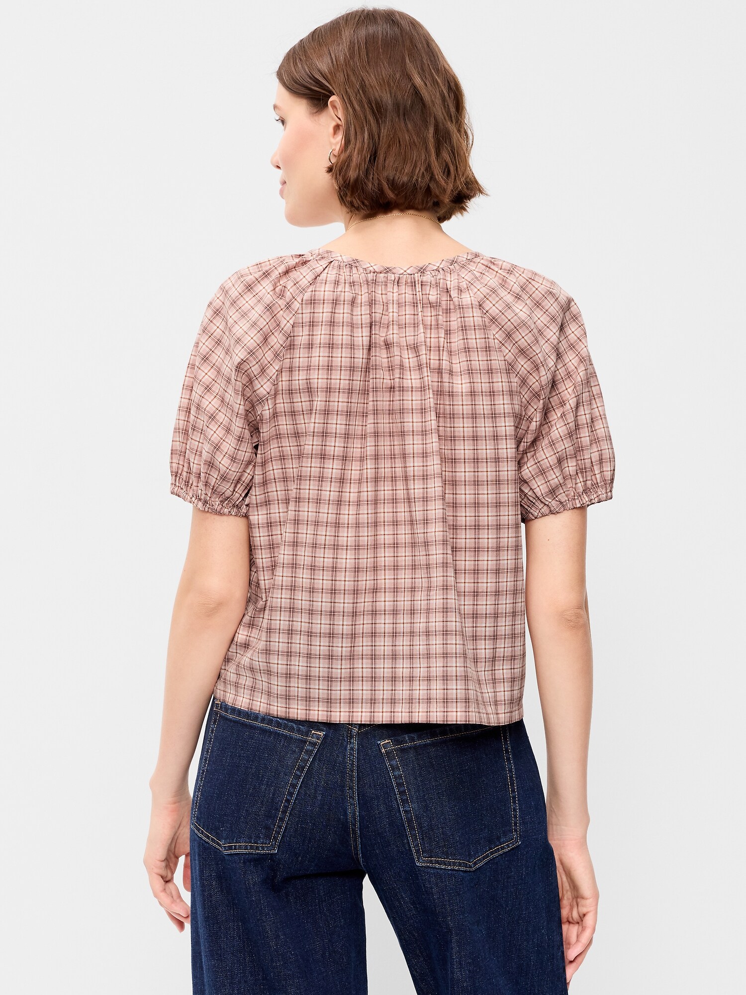 Женский топ Old Navy Short-Sleeve Button-Front Plaid Top, цвет: Розовый клетчатый — фото 2
