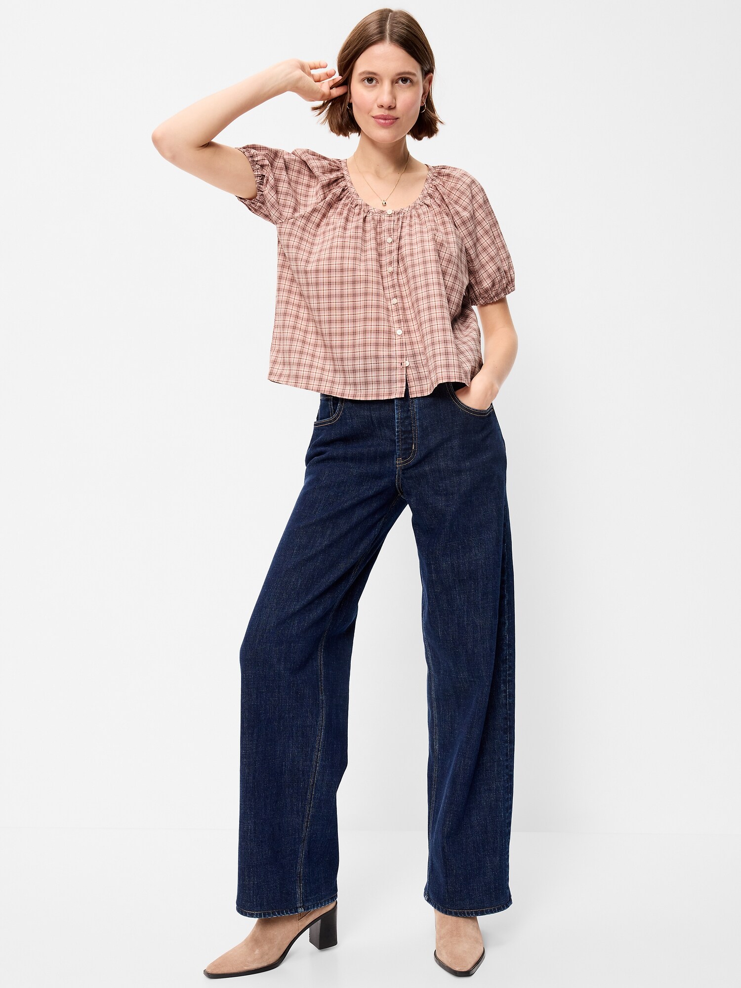 Женский топ Old Navy Short-Sleeve Button-Front Plaid Top, цвет: Розовый клетчатый — фото 3