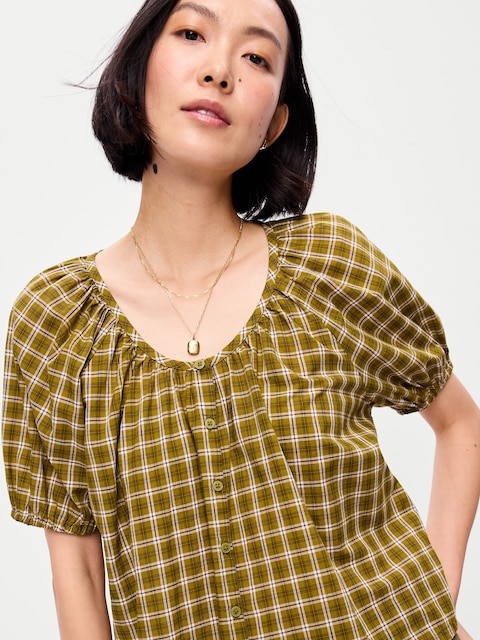 Short-Sleeve Button-Front Plaid Top