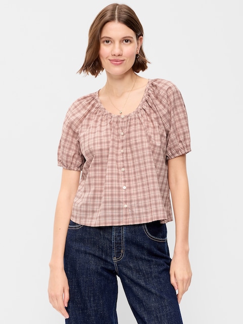 Short-Sleeve Button-Front Plaid Top