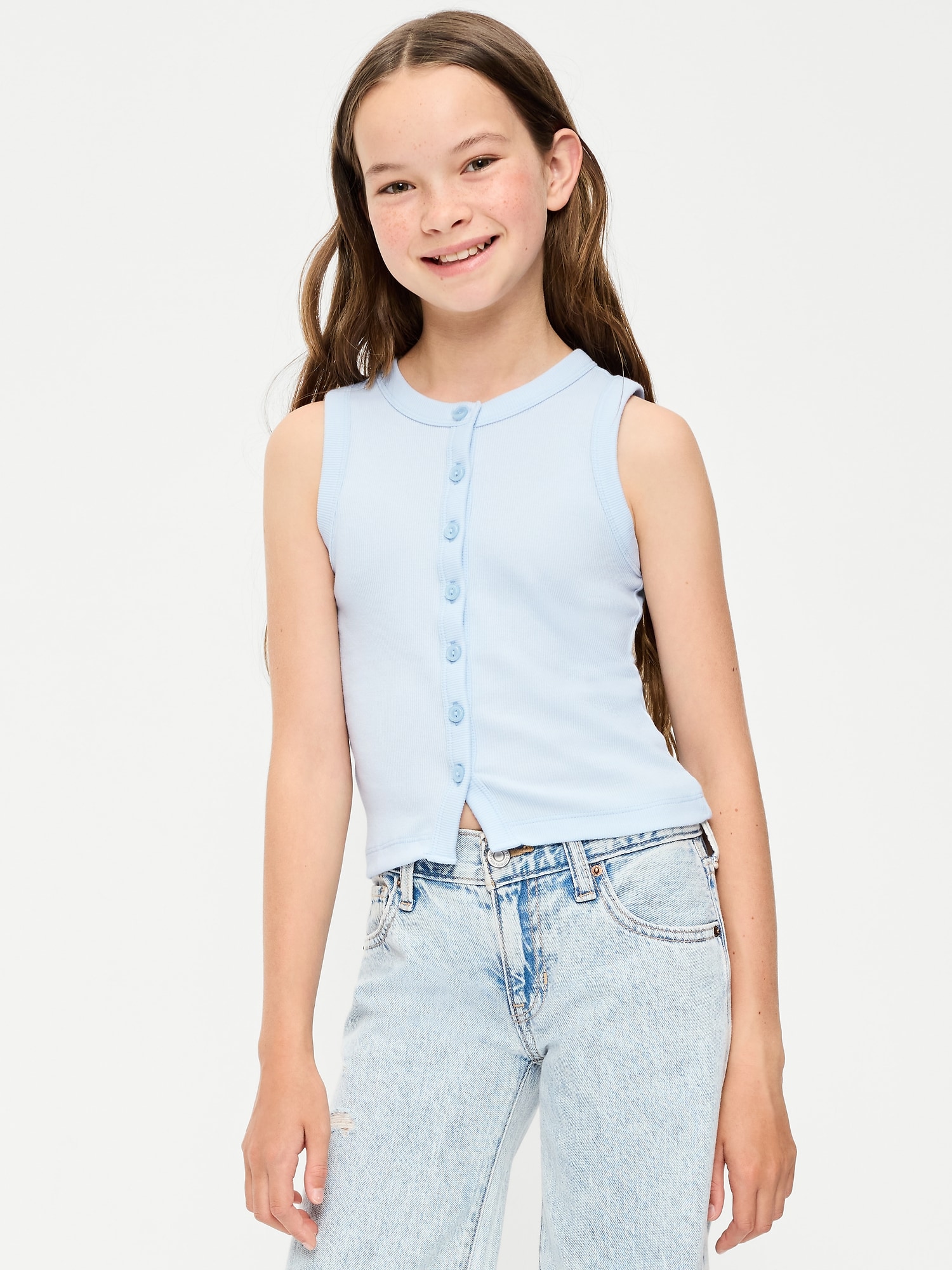 Fitted Sleeveless Ribbed Button-Front Top for Girls