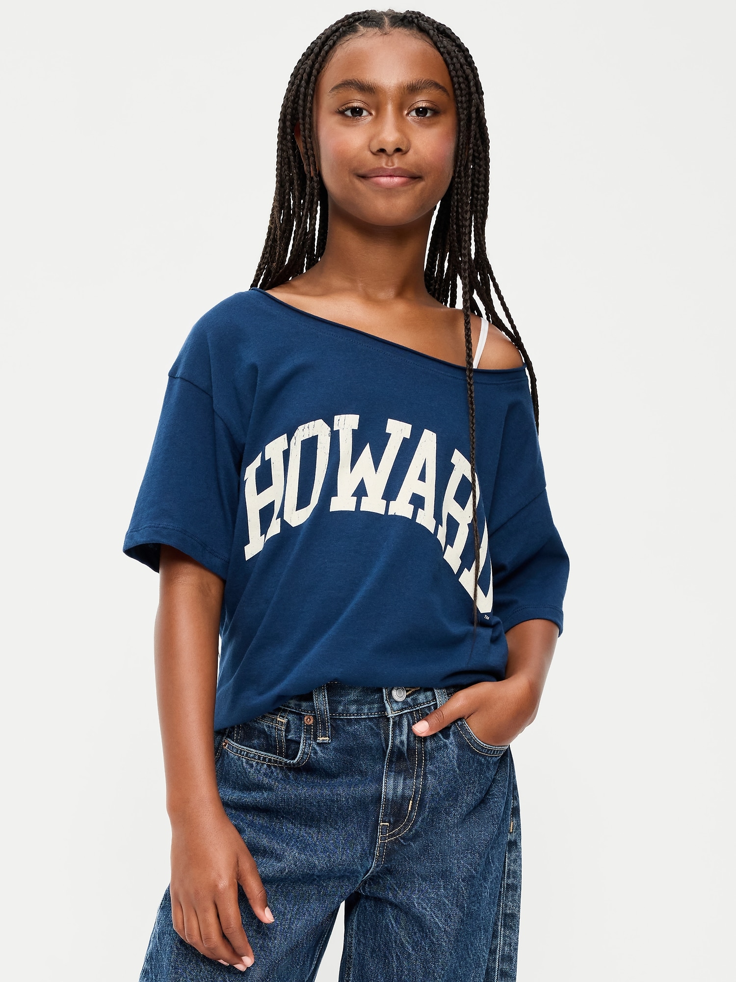 College Off-Shoulder Graphic T-Shirt for Girls