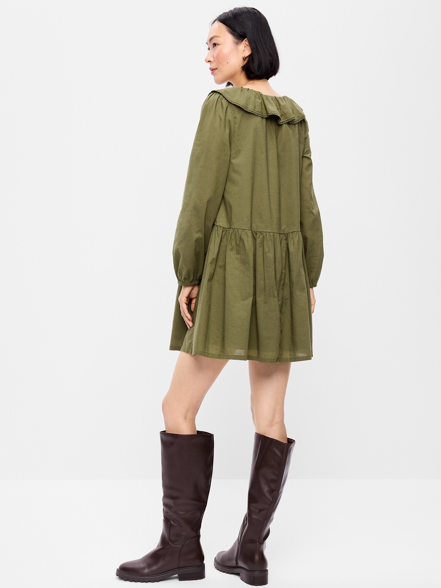 Женское платье Old Navy Long-Sleeve Ruffle-Collar Swing Mini, цвет: Hearthwood — фото 2