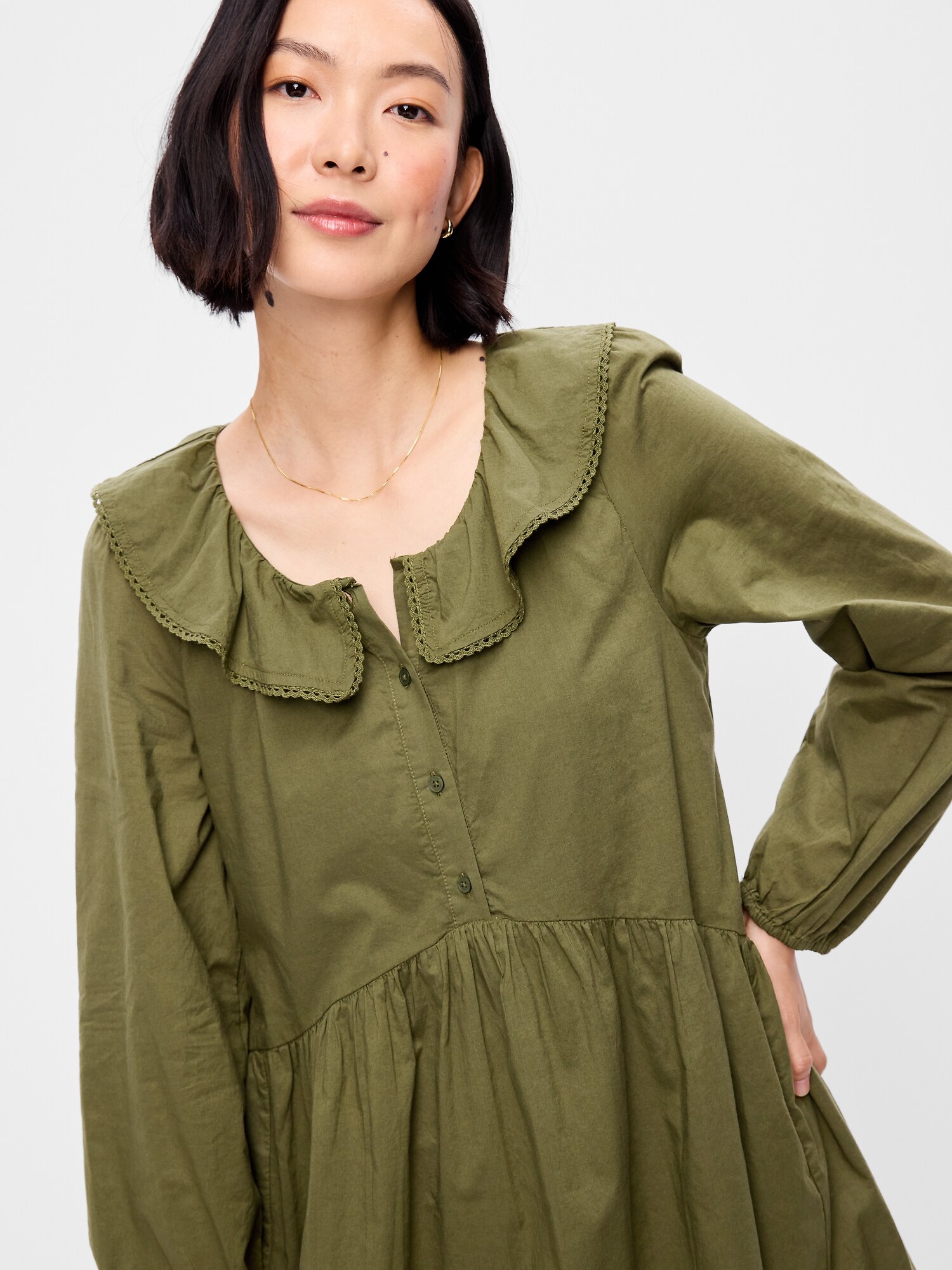 Женское платье Old Navy Long-Sleeve Ruffle-Collar Swing Mini, цвет: Hearthwood — фото 4