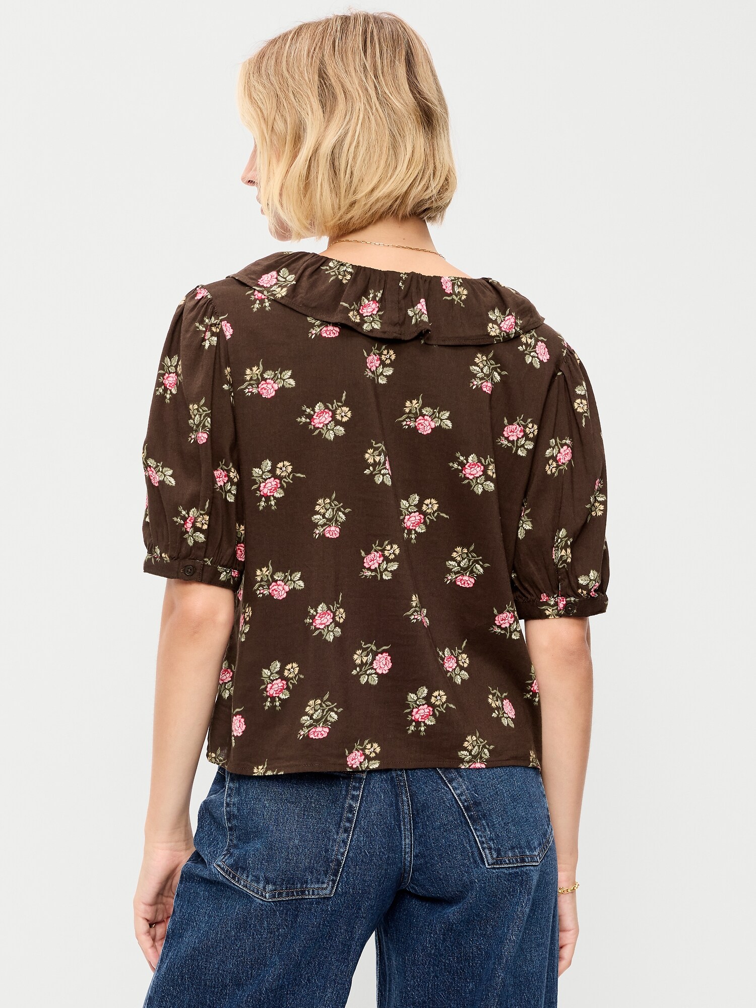 Женский топ Old Navy Ruffle Collar Tie-Front Top, цвет: Коричневый с принтом — фото 2