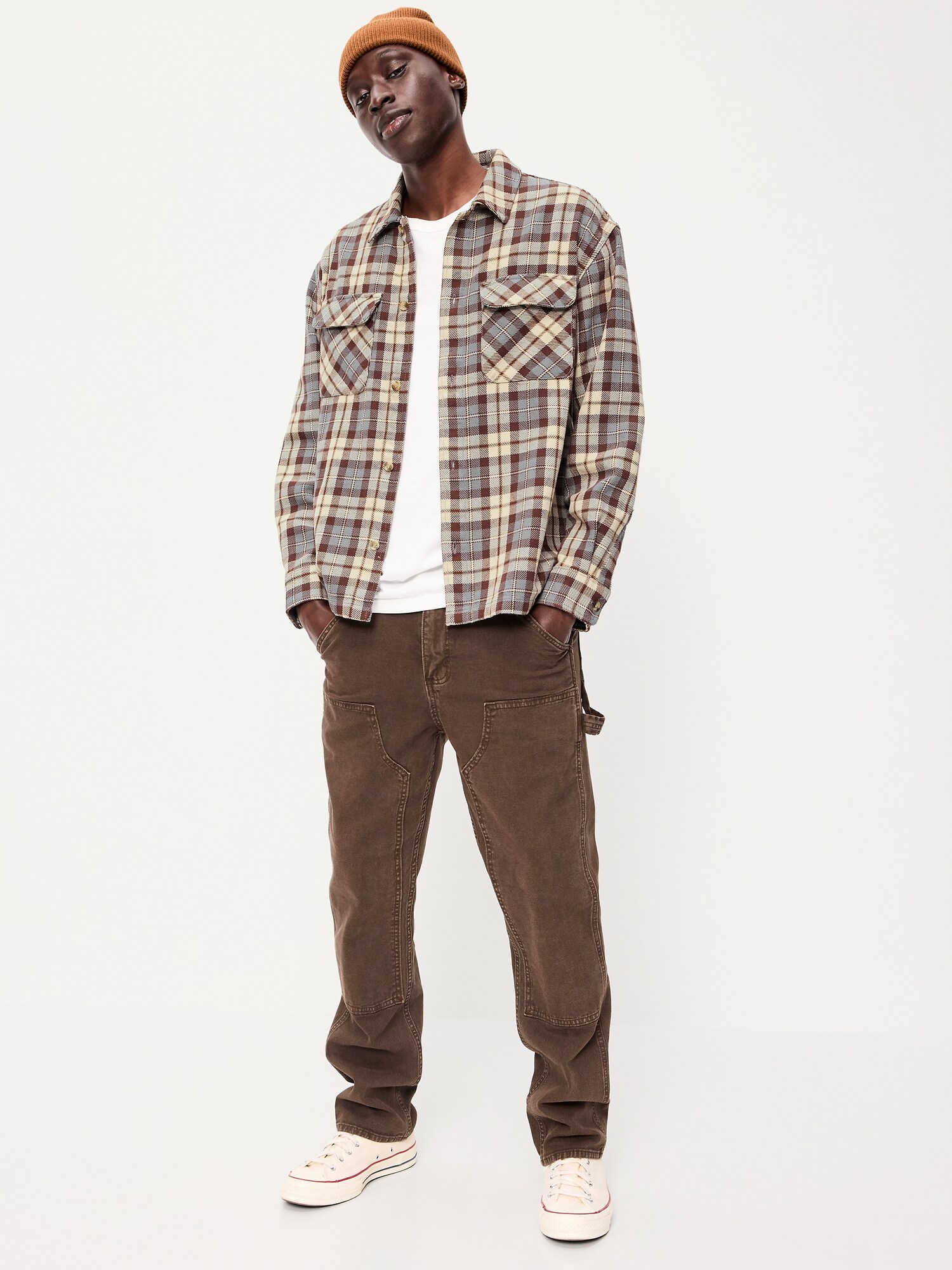 Мужская рубашка Old Navy Long-Sleeve Heavyweight Plaid Flannel Pocket, цвет: Синий / Серый клетчатый — фото 3