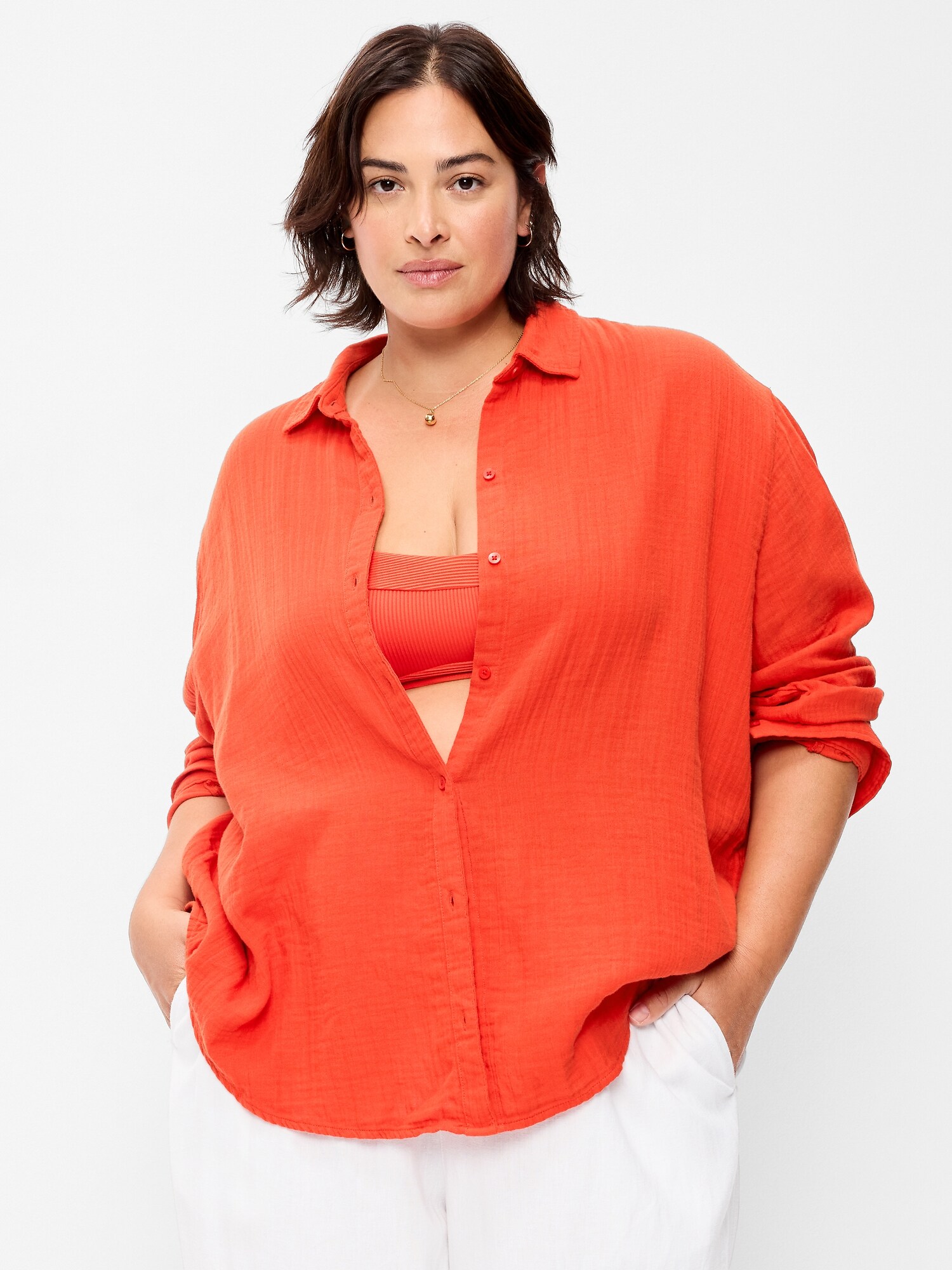 Open-Back Crinkle Gauze Button-Down Shirt
