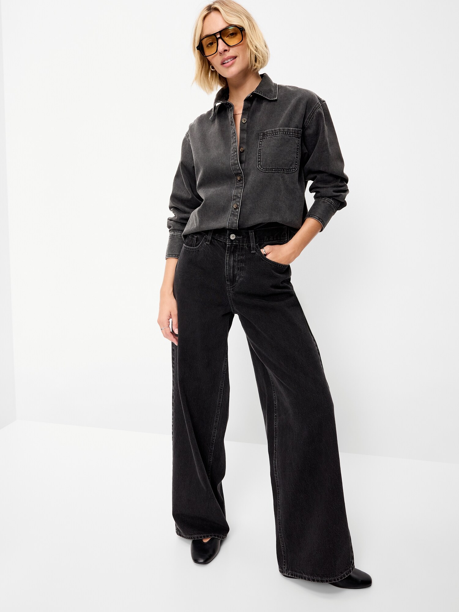 Женская рубашка Old Navy Oversized Boyfriend Button-Down Jean, цвет: Чёрный варёный — фото 3