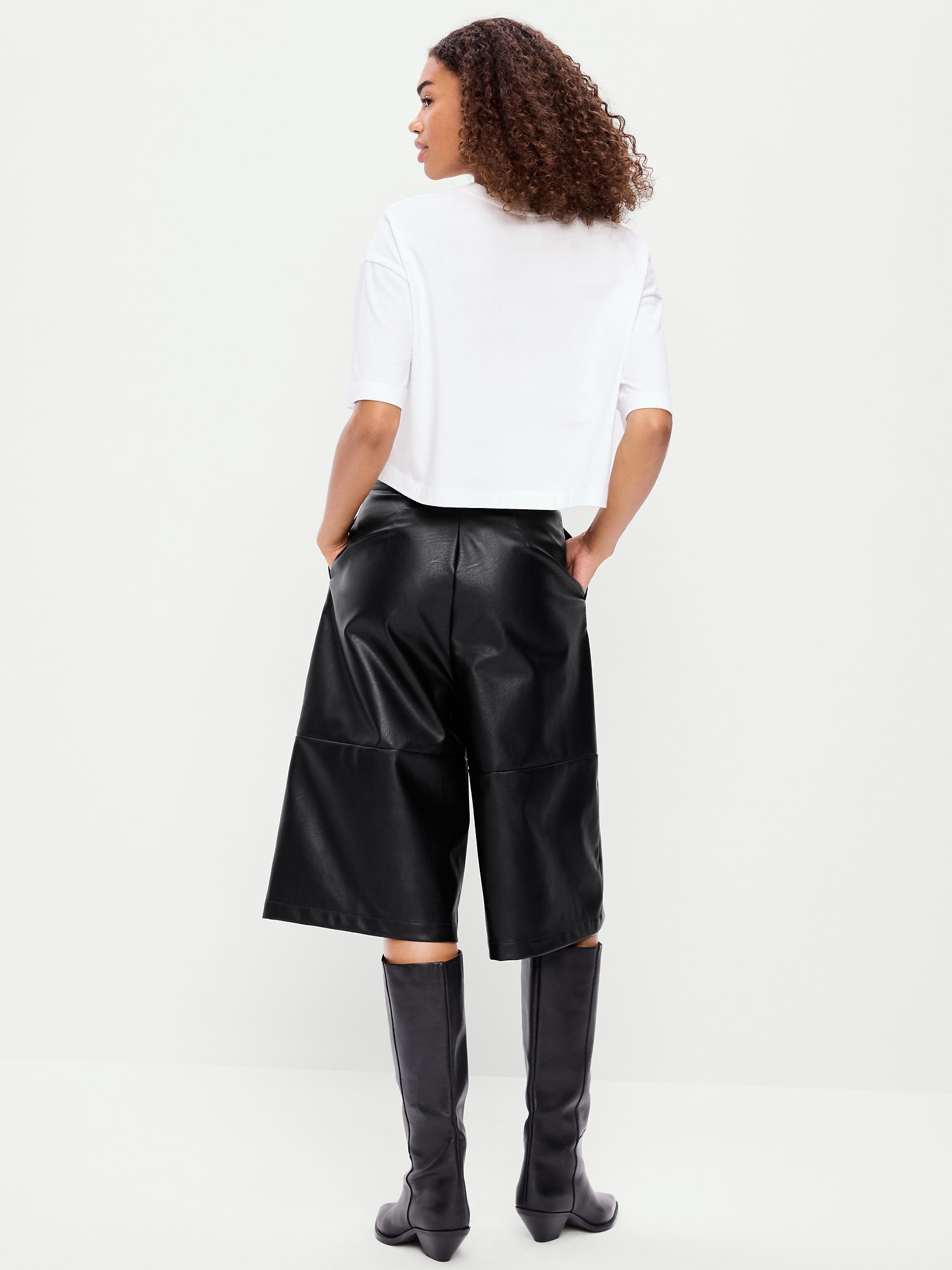 Mid-Rise Faux-Leather Baggy Culottes