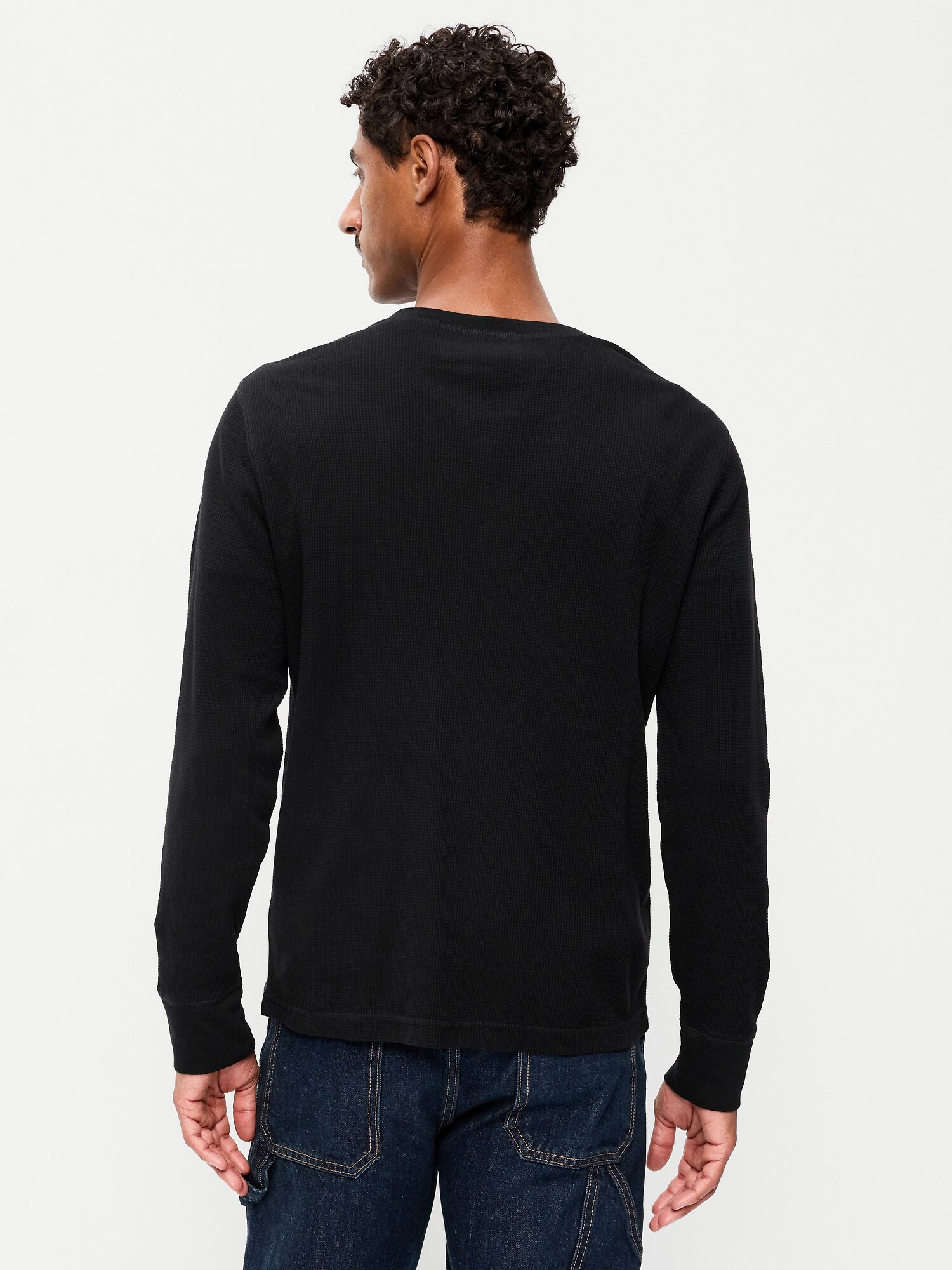 Мужская футболка Old Navy Long-Sleeve Waffle Henley, цвет: Чёрный — фото 2