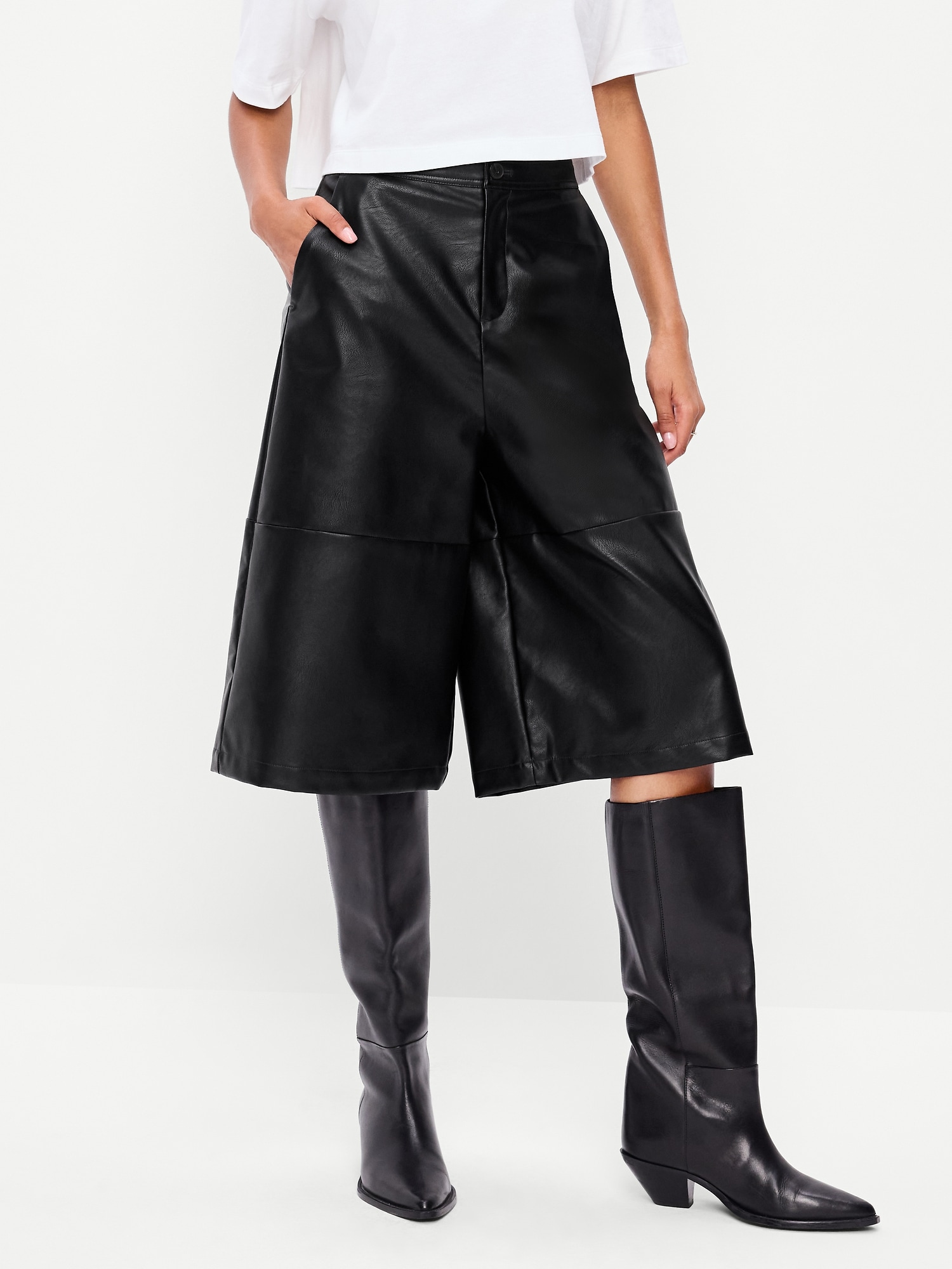 Mid-Rise Faux-Leather Baggy Culottes