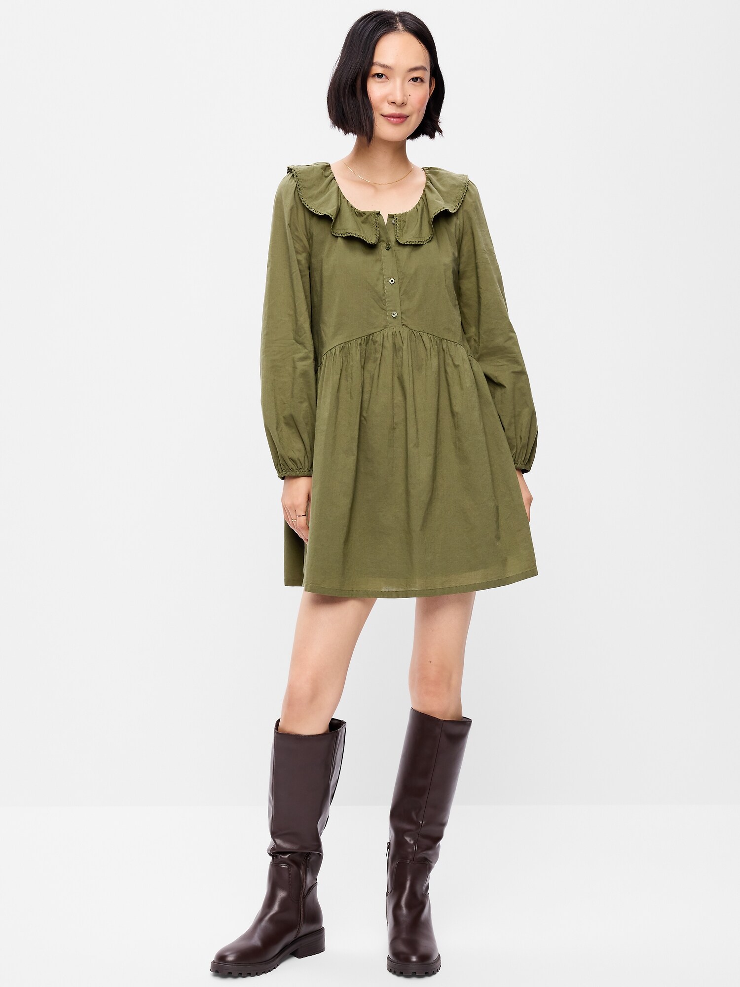 Женское платье Old Navy Long-Sleeve Ruffle-Collar Swing Mini, цвет: Hearthwood